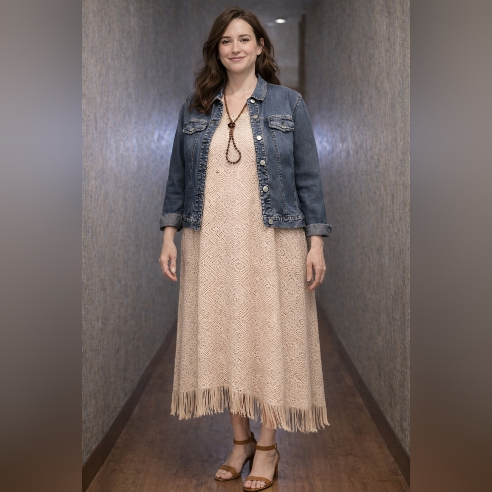 ONE WORLD Cream Crochet Lace Boho Lined Dress XL